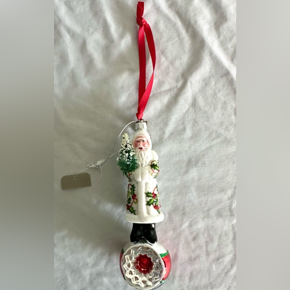 RAZ Imports Eric Cortina Elegant Holly Santa Glass Ornament Red White Christmas